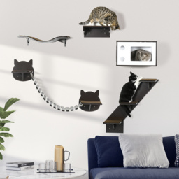 PawHut 5 Pieces Cat Wall Shelves with Curved Platform, Cat Condo, Bridge, Stairs, and Perch, Wall Mounted Cat Tree for Indoor Use, Brown - thumbnail 2