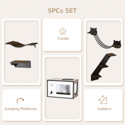 PawHut 5 Pieces Cat Wall Shelves with Curved Platform, Cat Condo, Bridge, Stairs, and Perch, Wall Mounted Cat Tree for Indoor Use, Brown - thumbnail 5