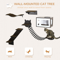 PawHut 5 Pieces Cat Wall Shelves with Curved Platform, Cat Condo, Bridge, Stairs, and Perch, Wall Mounted Cat Tree for Indoor Use, Brown - thumbnail 4
