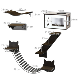 PawHut 5 Pieces Cat Wall Shelves with Curved Platform, Cat Condo, Bridge, Stairs, and Perch, Wall Mounted Cat Tree for Indoor Use, Brown - thumbnail 3