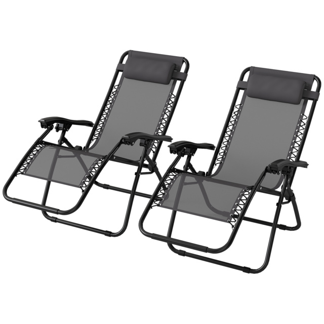 Outsunny Zero Gravity Chair Set of 2, Metal Frame Texteline Armchair Outdoor Folding and Reclining Sun Lounger with Head Pillow for Patio Decking Gardens Camping, Grey - image 1