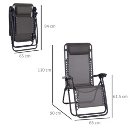 Outsunny Zero Gravity Chair Set of 2, Metal Frame Texteline Armchair Outdoor Folding and Reclining Sun Lounger with Head Pillow for Patio Decking Gardens Camping, Grey - thumbnail 3