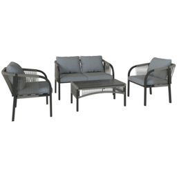 Outsunny 4 Piece Rattan Garden Furniture Set with Loveseat, Armchairs, Table, Steel Frame Wicker Patio Conversation Set, Grey - thumbnail 1