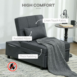 HOMCOM Convertible Chair Bed w/ Padding Seat, 3-in-1 Multi-Functional Sleeper Chair Bed w/ Adjustable Backrest, Wheels and Anti-Cat-Scratch Fabric, Grey - thumbnail 4