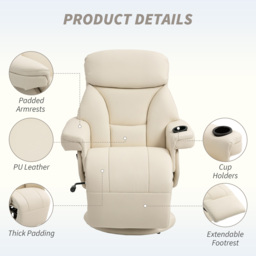 HOMCOM Manual Recliner Chair with Footrest, Upholstered Reclining Armchair with Adjustable Backrest and Cup Holder, PU Leather Swivel Chair for Living Room, Bedroom, Cream White - thumbnail 5