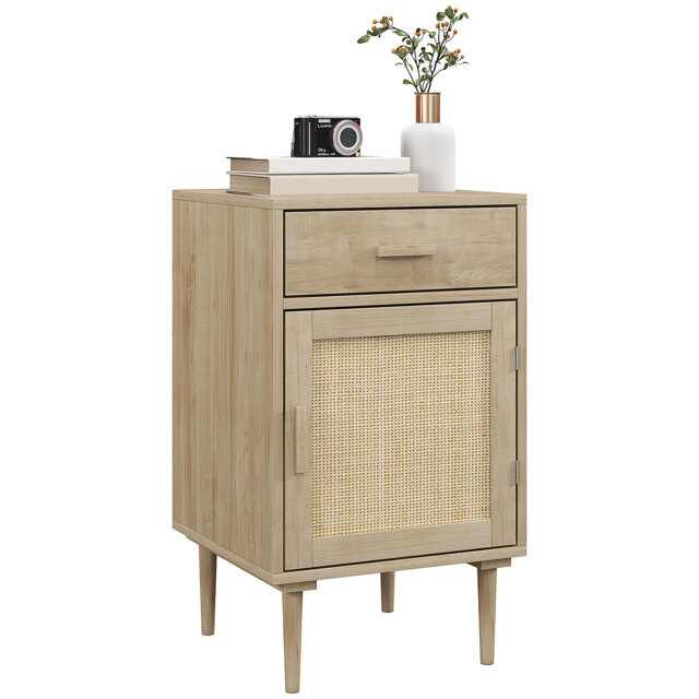 HOMCOM Bedside Table, Rattan Side Tables w/ Drawer, Cabinet & Adjustable Shelf, Boho Bedside Cabinet w/ Storage for Bedroom, Living Room, - Aosom UK - image 1