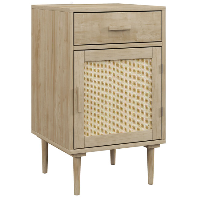 HOMCOM Bedside Table, Rattan Side Tables w/ Drawer, Cabinet & Adjustable Shelf, Boho Bedside Cabinet w/ Storage for Bedroom, Living Room, - Aosom UK - image 1