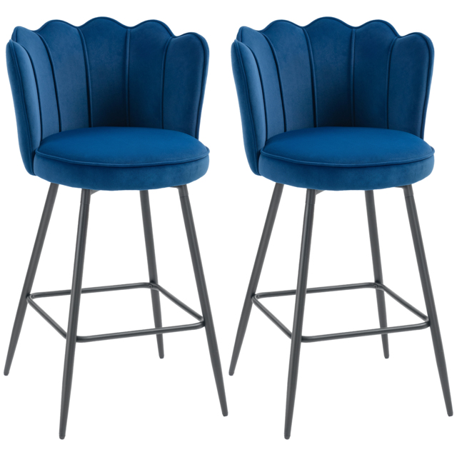 HOMCOM Set of Two Velvet-Feel Lotus Bar Stools - Dark Blue - image 1