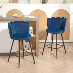 HOMCOM Set of Two Velvet-Feel Lotus Bar Stools - Dark Blue - thumbnail 2