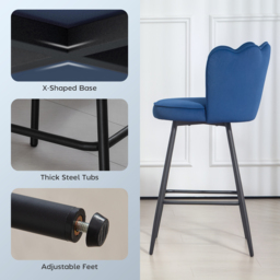 HOMCOM Set of Two Velvet-Feel Lotus Bar Stools - Dark Blue - thumbnail 6