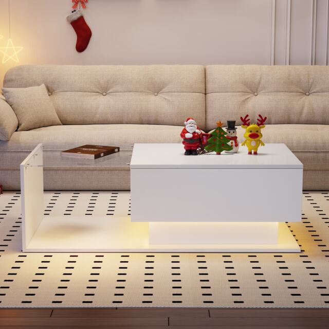 Modern LED Coffee Table with High Gloss Finish, Glass Top and Drawer, Oblong Coffee Table for Living Room, 100L x 50W x 32H cm, White - Aosom.UK - image 1