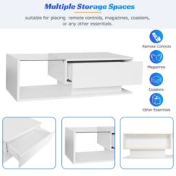 Modern LED Coffee Table with High Gloss Finish, Glass Top and Drawer, Oblong Coffee Table for Living Room, 100L x 50W x 32H cm, White - Aosom.UK - thumbnail 4