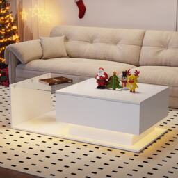Modern LED Coffee Table with High Gloss Finish, Glass Top and Drawer, Oblong Coffee Table for Living Room, 100L x 50W x 32H cm, White - Aosom.UK - thumbnail 7