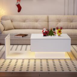 Modern LED Coffee Table with High Gloss Finish, Glass Top and Drawer, Oblong Coffee Table for Living Room, 100L x 50W x 32H cm, White - Aosom.UK - thumbnail 1