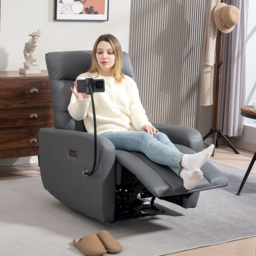 HOMCOM Electric Recliner Armchair with USB + Type C Charge Port, Phone Holder, PU Leather Reclining Chair with Adjustable Leg Rest, Recliner Chair for Home Living Room Theater, Grey - thumbnail 2