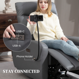 HOMCOM Electric Recliner Armchair with USB + Type C Charge Port, Phone Holder, PU Leather Reclining Chair with Adjustable Leg Rest, Recliner Chair for Home Living Room Theater, Grey - thumbnail 8
