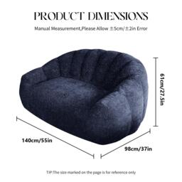 Plush 2-Seater Bean Bag Sofa with High Density Sponge, Cosy Lazy Couch for Gaming Room and Pet-Playing Room, 140L x 98W x 61H cm, Blue - Aosom UK - thumbnail 3