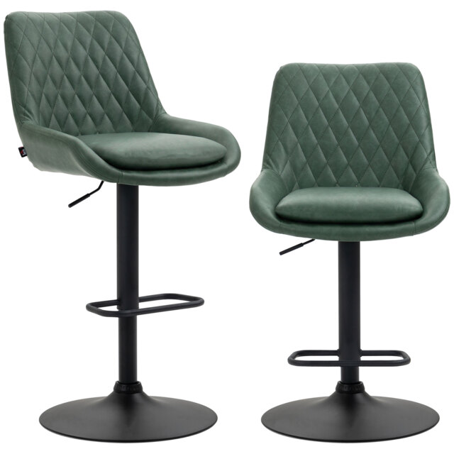 HOMCOM Retro Bar Stools Set of 2, Adjustable Kitchen Stool, Upholstered Bar Chairs with Back, Swivel Seat, Green - Aosom UK - image 1