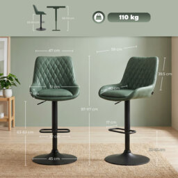 HOMCOM Retro Bar Stools Set of 2, Adjustable Kitchen Stool, Upholstered Bar Chairs with Back, Swivel Seat, Green - Aosom UK - thumbnail 3