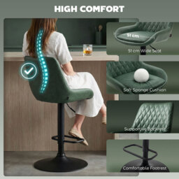 HOMCOM Retro Bar Stools Set of 2, Adjustable Kitchen Stool, Upholstered Bar Chairs with Back, Swivel Seat, Green - Aosom UK - thumbnail 7