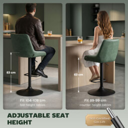 HOMCOM Retro Bar Stools Set of 2, Adjustable Kitchen Stool, Upholstered Bar Chairs with Back, Swivel Seat, Green - Aosom UK - thumbnail 4