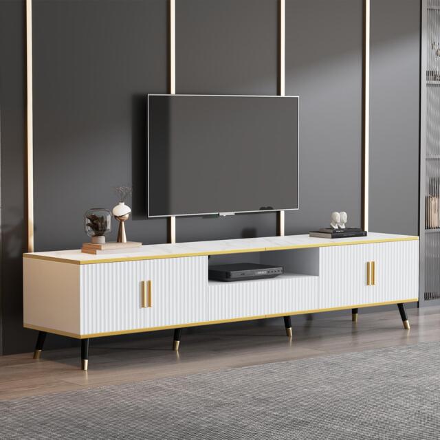 Modern TV Entertainment Center with 4 Doors & Drawer, Spacious TV Stand for Living Room or Bedroom, 200L x 40W x 46H cm, White - Aosom UK - image 1