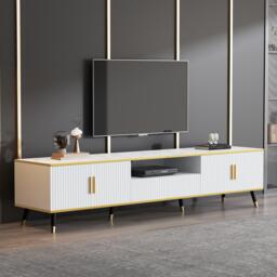 Modern TV Entertainment Center with 4 Doors & Drawer, Spacious TV Stand for Living Room or Bedroom, 200L x 40W x 46H cm, White - Aosom UK - thumbnail 1