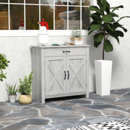 HOMCOM Farmhouse Sideboard: Grey Wood-Effect Storage Cabinet with Barn Doors, Coffee Bar Style - Aosom UK - thumbnail 2