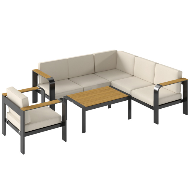 Outsunny 3 Pieces Garden Furniture Set with L-Shaped Sofa, Armchair and Coffee Table, Aluminium Garden Corner Sofa Set - image 1
