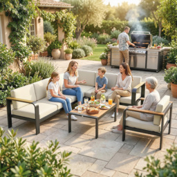 Outsunny 3 Pieces Garden Furniture Set with L-Shaped Sofa, Armchair and Coffee Table, Aluminium Garden Corner Sofa Set - thumbnail 9