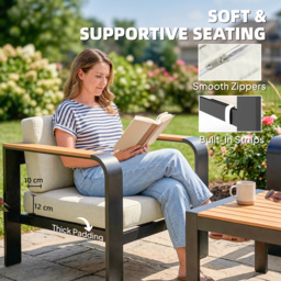 Outsunny 3 Pieces Garden Furniture Set with L-Shaped Sofa, Armchair and Coffee Table, Aluminium Garden Corner Sofa Set - thumbnail 6