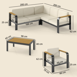 Outsunny 3 Pieces Garden Furniture Set with L-Shaped Sofa, Armchair and Coffee Table, Aluminium Garden Corner Sofa Set - thumbnail 3