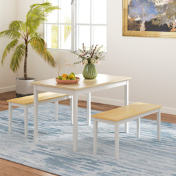 HOMCOM Dining Table and Bench Set, Farmhouse Kitchen Table and Bench with Wooden Frame for Living Room, Dining Room, Natural and White - thumbnail 2