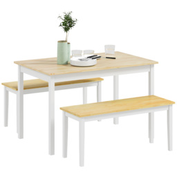 HOMCOM Dining Table and Bench Set, Farmhouse Kitchen Table and Bench with Wooden Frame for Living Room, Dining Room, Natural and White - thumbnail 1