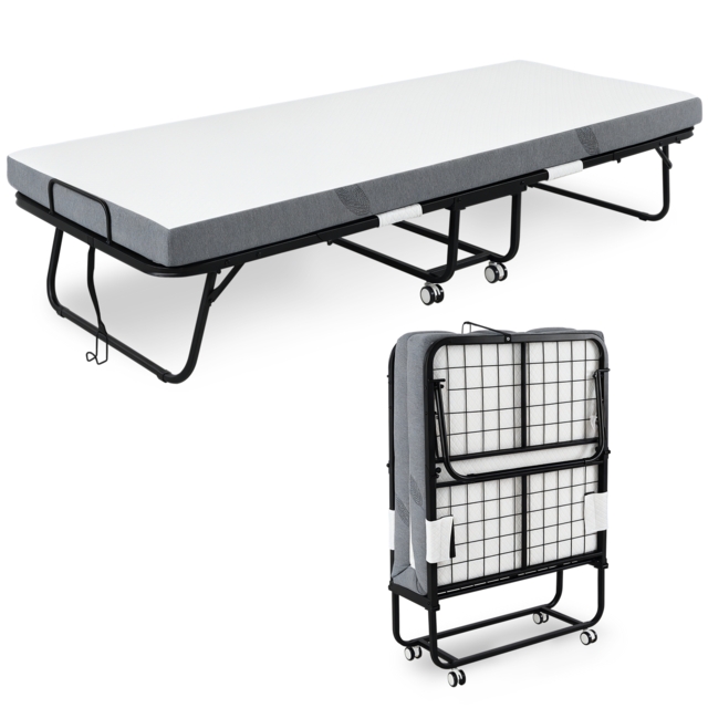 HOMCOM Folding Bed with 10cm Mattress, Portable Foldable Guest Bed with Sturdy Metal Frame on Wheels - image 1