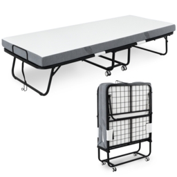 HOMCOM Folding Bed with 10cm Mattress, Portable Foldable Guest Bed with Sturdy Metal Frame on Wheels - thumbnail 1