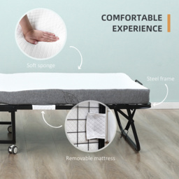 HOMCOM Folding Bed with 10cm Mattress, Portable Foldable Guest Bed with Sturdy Metal Frame on Wheels - thumbnail 6