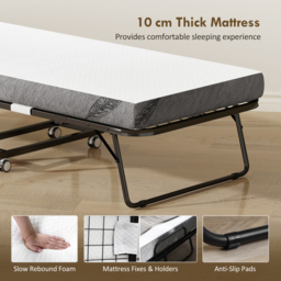HOMCOM Folding Bed with 10cm Mattress, Portable Foldable Guest Bed with Sturdy Metal Frame on Wheels - thumbnail 5