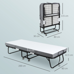 HOMCOM Folding Bed with 10cm Mattress, Portable Foldable Guest Bed with Sturdy Metal Frame on Wheels - thumbnail 3