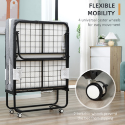 HOMCOM Folding Bed with 10cm Mattress, Portable Foldable Guest Bed with Sturdy Metal Frame on Wheels - thumbnail 7