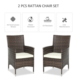 Outsunny 2-Seater Rattan Dining Chairs, w/ Cushions & Armrests for Patio, Mixed Brown - Aosom UK - thumbnail 4