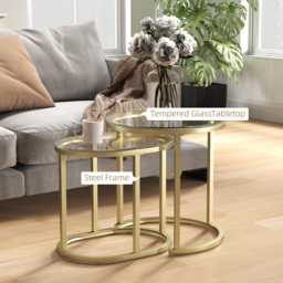 HOMCOM Modern Coffee Table Set of 2, Nest of Tables with Steel Frame and Tempered Glass Tabletop, Side Tables for Living Room Bedroom, Clear - thumbnail 5