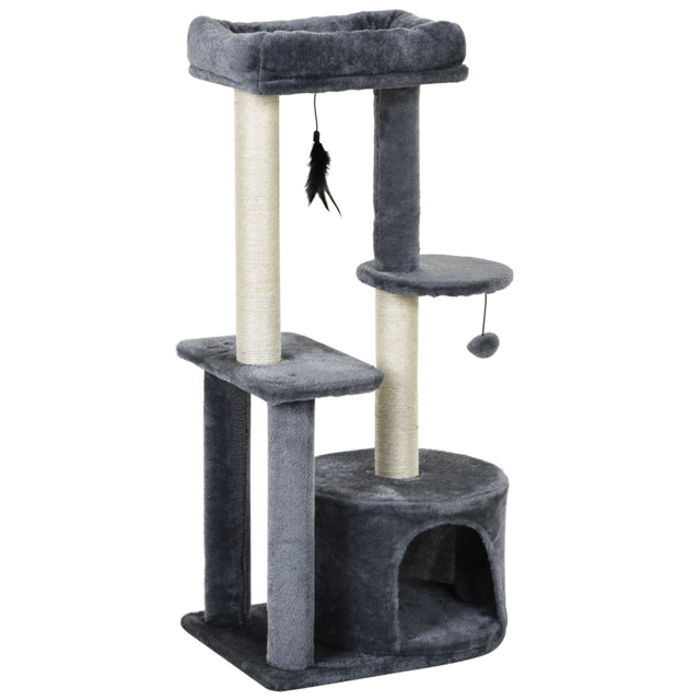 PawHut Cat Tree Tower: Multi-Activity Centre with Perch, House, Scratching Post, Play Ball & Rest Area, Grey & White - Aosom UK - image 1