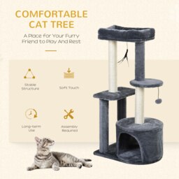 PawHut Cat Tree Tower: Multi-Activity Centre with Perch, House, Scratching Post, Play Ball & Rest Area, Grey & White - Aosom UK - thumbnail 6