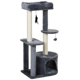 PawHut Cat Tree Tower: Multi-Activity Centre with Perch, House, Scratching Post, Play Ball & Rest Area, Grey & White - Aosom UK - thumbnail 1