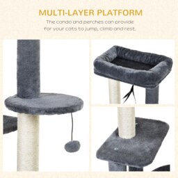 PawHut Cat Tree Tower: Multi-Activity Centre with Perch, House, Scratching Post, Play Ball & Rest Area, Grey & White - Aosom UK - thumbnail 4
