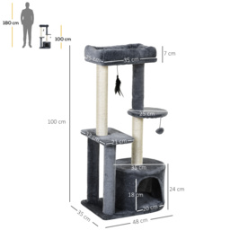 PawHut Cat Tree Tower: Multi-Activity Centre with Perch, House, Scratching Post, Play Ball & Rest Area, Grey & White - Aosom UK - thumbnail 3