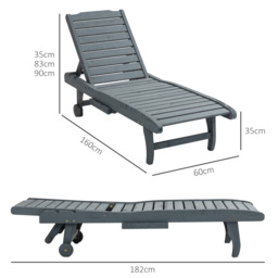 Outsunny Garden Patio Sun Lounger, Outdoor Wooden Sun Bed with Built-In Table, Reclining Backrest and Rolling Wheels for Sunbathing, Grey - thumbnail 3