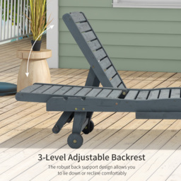 Outsunny Garden Patio Sun Lounger, Outdoor Wooden Sun Bed with Built-In Table, Reclining Backrest and Rolling Wheels for Sunbathing, Grey - thumbnail 5