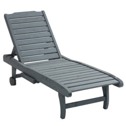 Outsunny Garden Patio Sun Lounger, Outdoor Wooden Sun Bed with Built-In Table, Reclining Backrest and Rolling Wheels for Sunbathing, Grey - thumbnail 1
